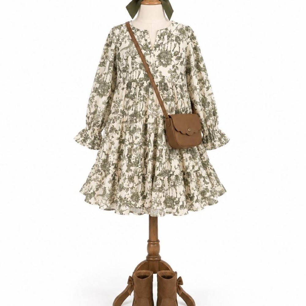 Shop the Mint Girls Large Green Toile Tiered Cotton Dress